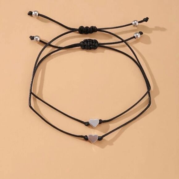 Pair of heart string bracelets, pinky promise, black, silver, best friends, bff - Picture 2 of 2